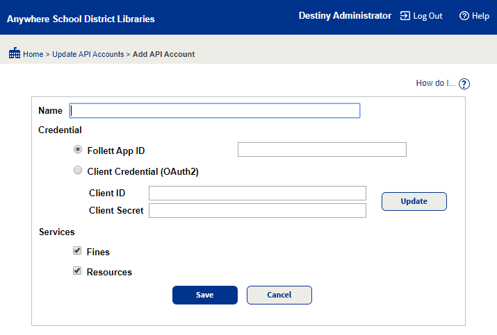 Add API Account page.
