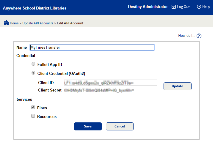 Edit API Account page.
