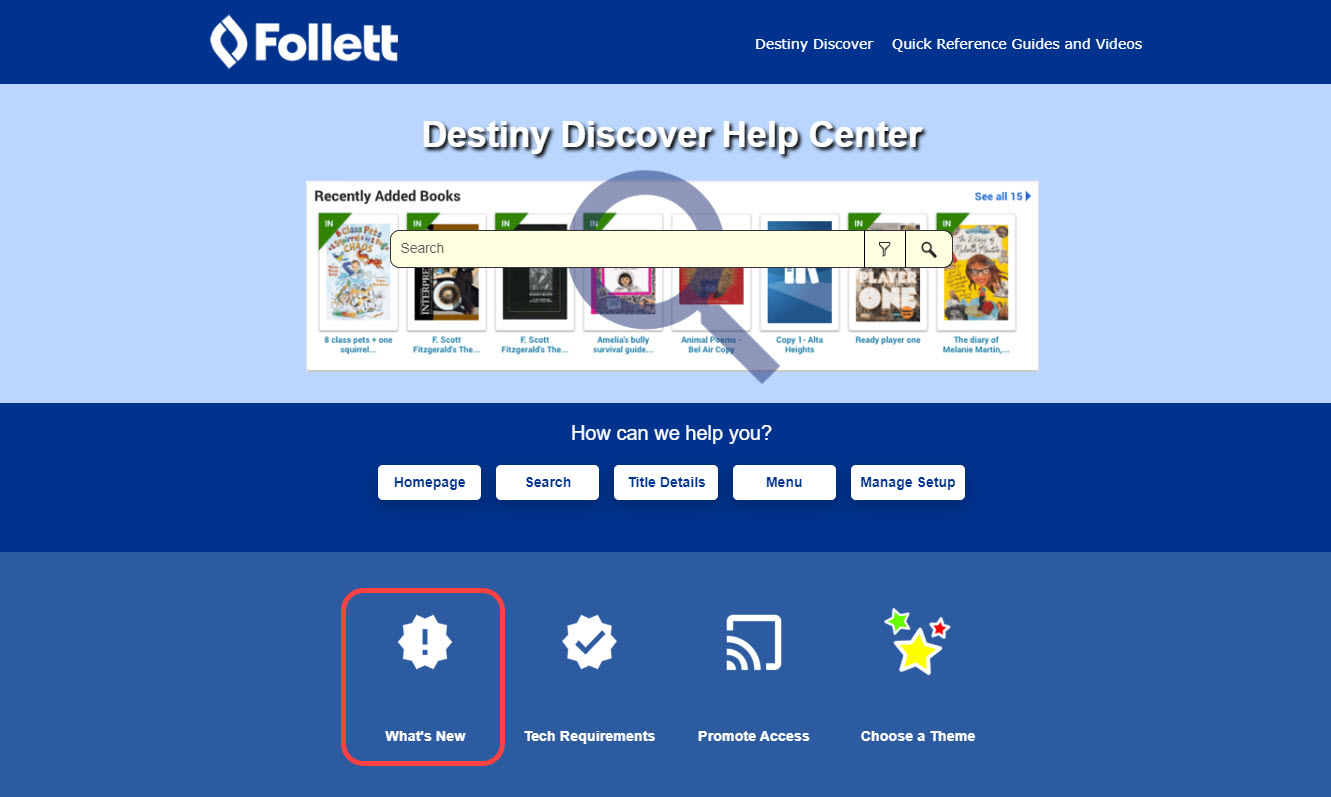 Destiny Discover Help with What's New icon highlighted.