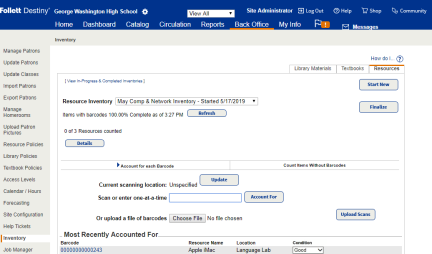 Resource Inventory showing a recently accounted for item with acondition drop-down