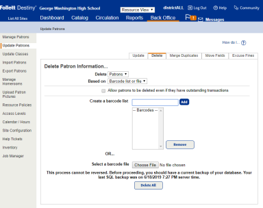 Update Patrons page Delete sub-tab based on Barcode