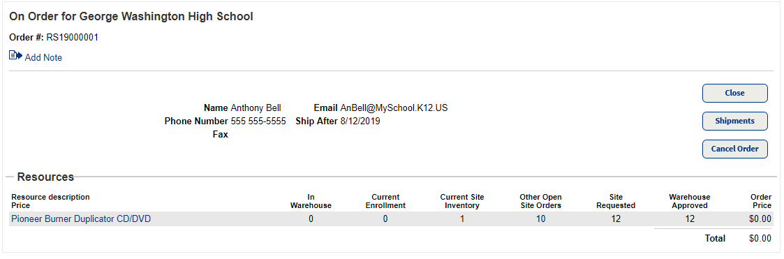  District Warehouse view of the On Order page with one resource